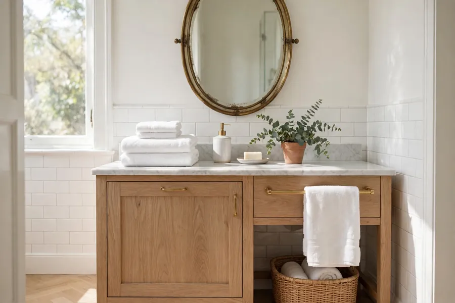 Bathroom with a vintage oval mirror, fresh white towels, and simple styling