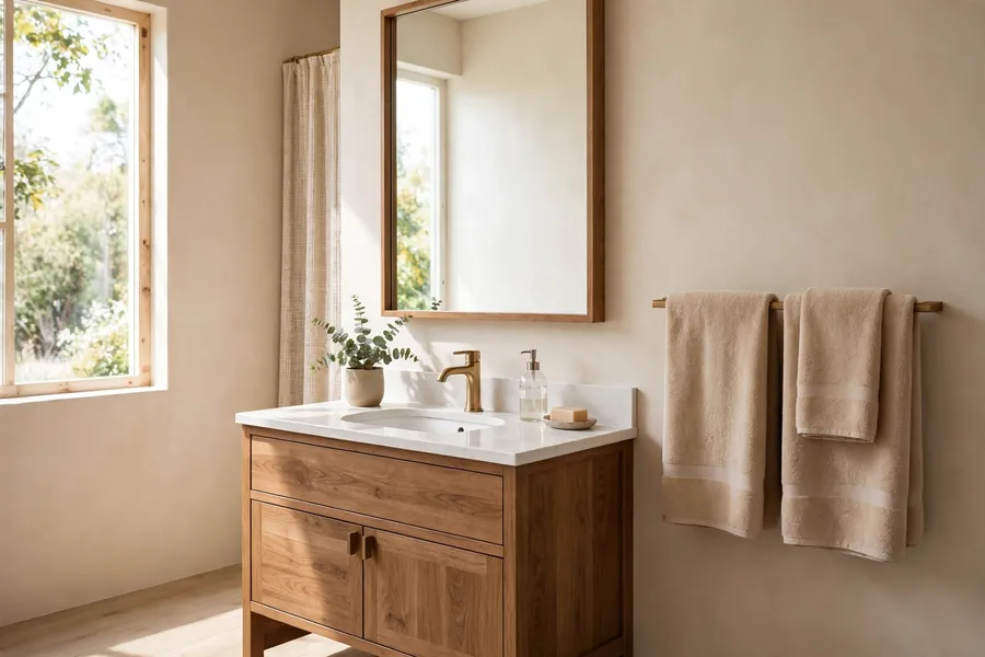 Bathroom with warm beige walls, a wood vanity, and matching towels