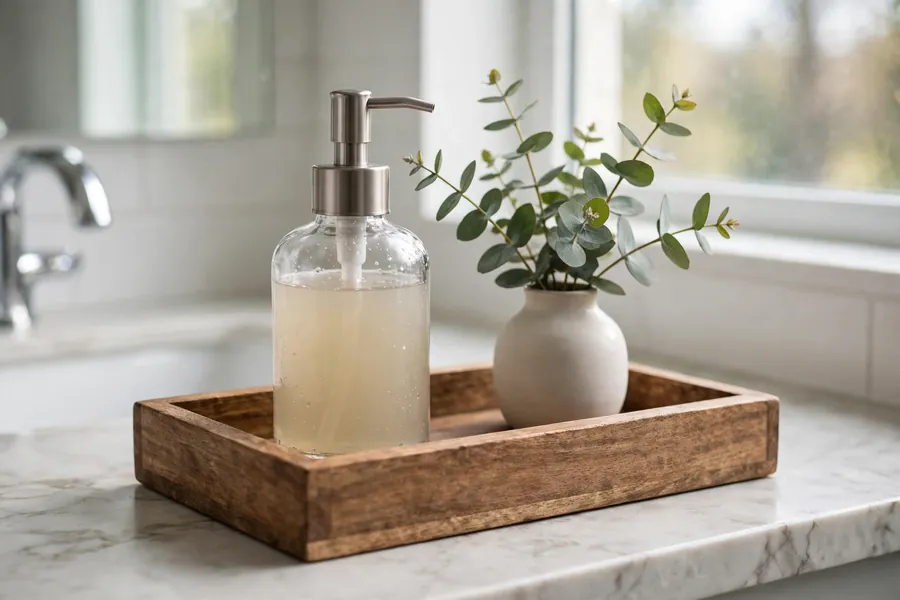 Wooden vanity tray with a soap dispenser and a small vase on a bathroom counter