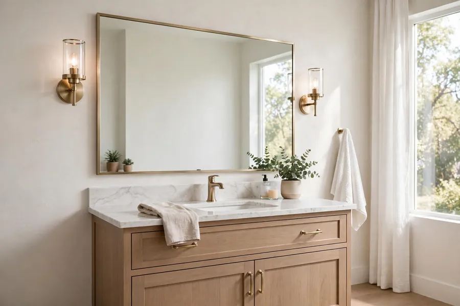 Bathroom mirror sized to the vanity with a sconce at eye level on each side