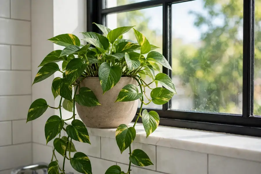Trailing pothos plant in a pot beside a bright bathroom window