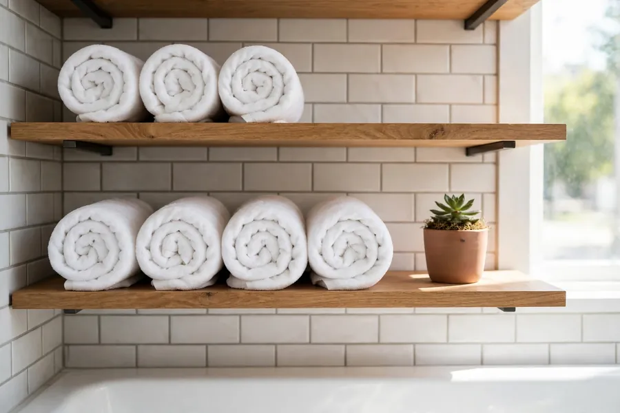 Open bathroom shelves with rolled white towels and a small potted plant