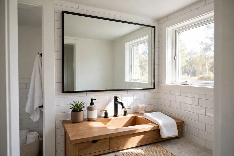 Small bathroom with one large mirror over the vanity