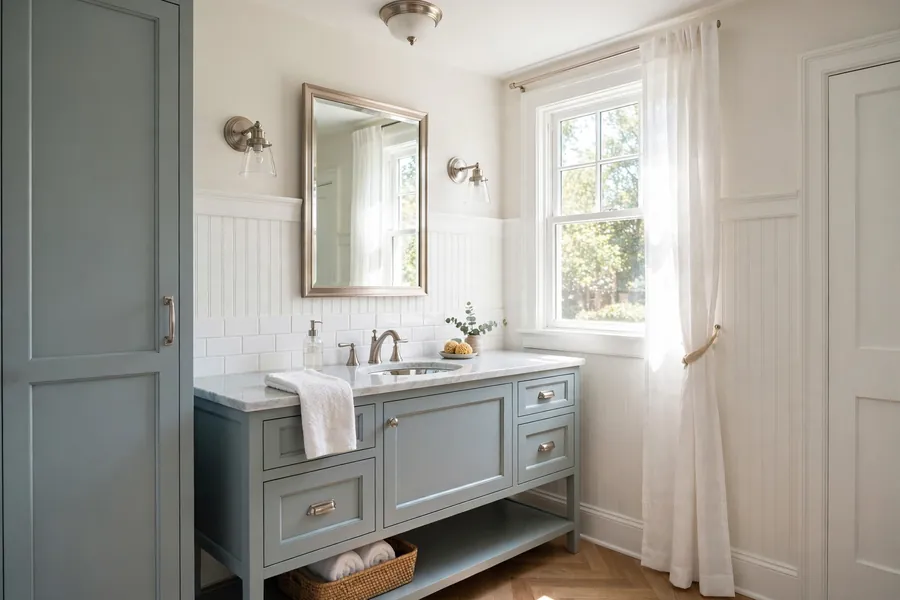 Transitional bathroom with a shaker vanity and brushed nickel fittings
