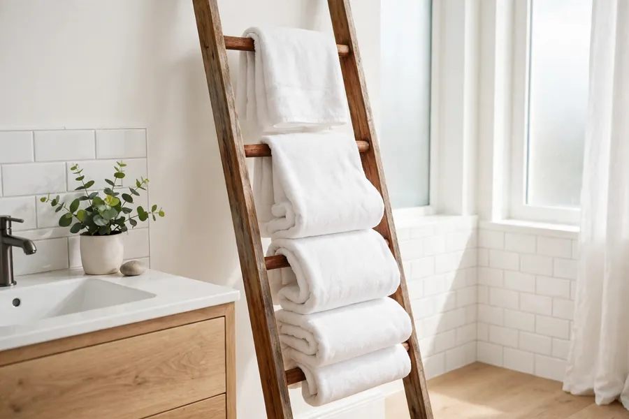 White towels folded over a wooden ladder rail in a bright bathroom