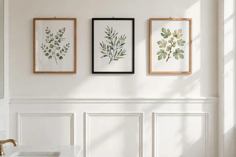 Bathroom wall with white wainscoting and framed prints above it