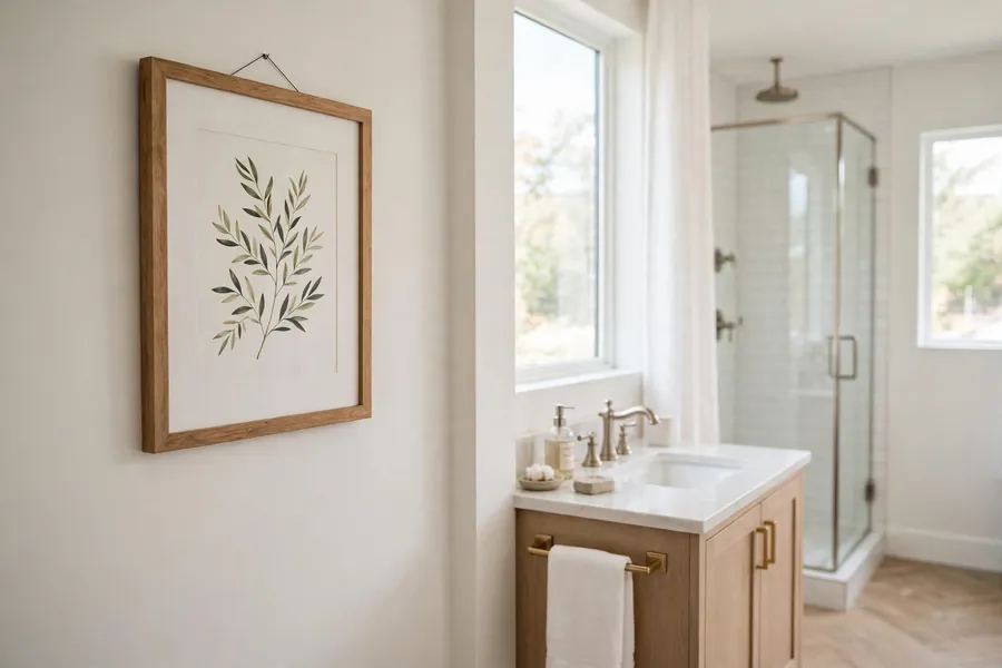 Framed art on the dry wall of a bathroom with the vanity nearby