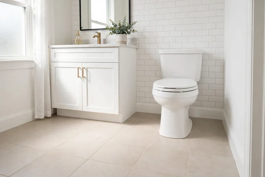 Toilet with clear open floor space in front in a bright bathroom