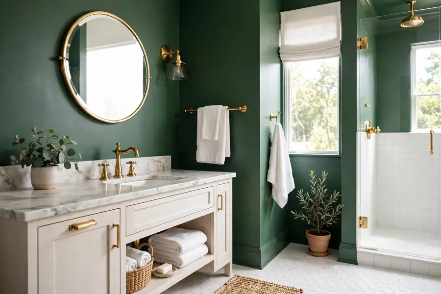Bathroom with deep green painted walls and brass fittings