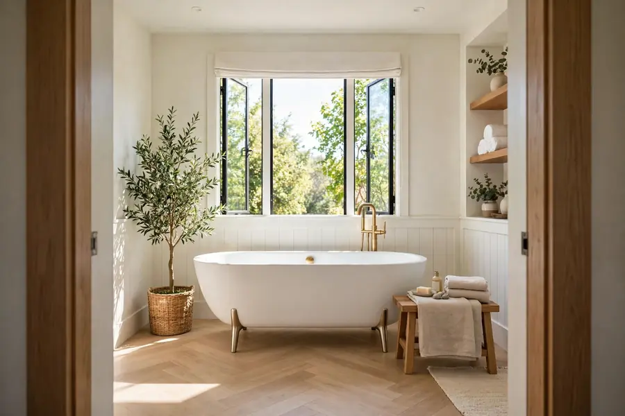 Freestanding tub as the focal point of a bathroom seen from the doorway
