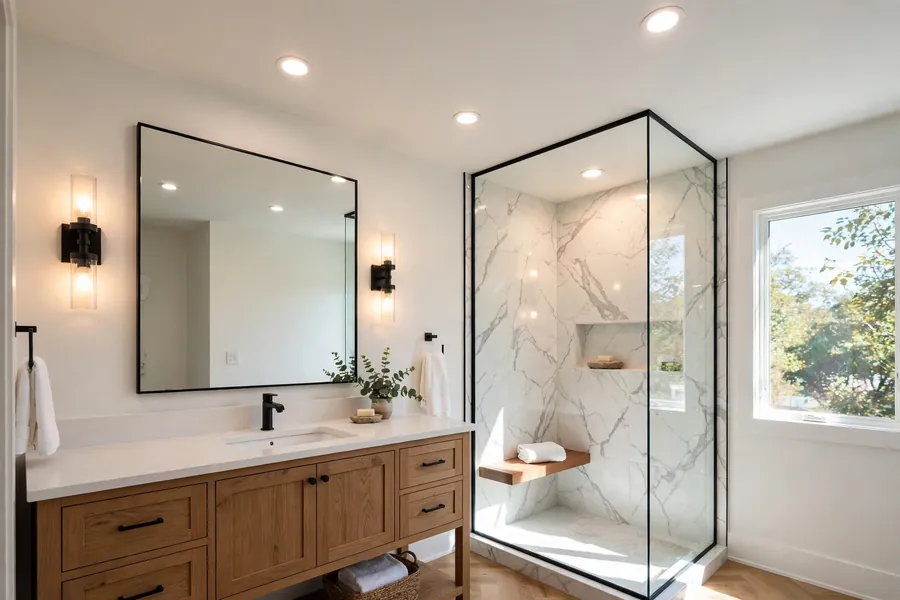 Bathroom with sconces, recessed lights, and a lit shower