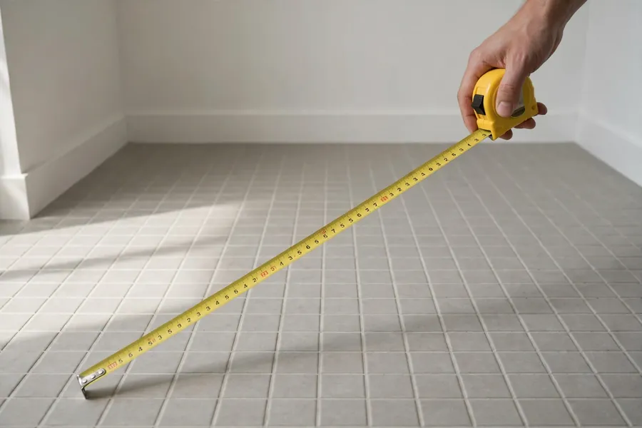 Hand holding a tape measure across an empty bathroom floor