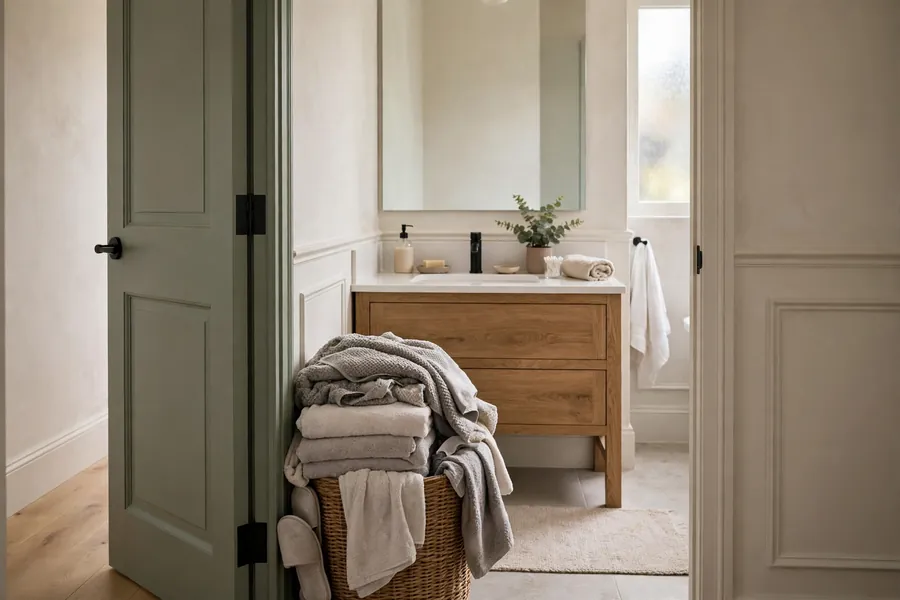 Bathroom door swung open into the space in front of a vanity