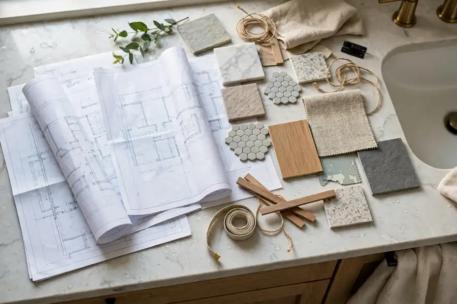 Design plans and material samples spread on a bathroom counter