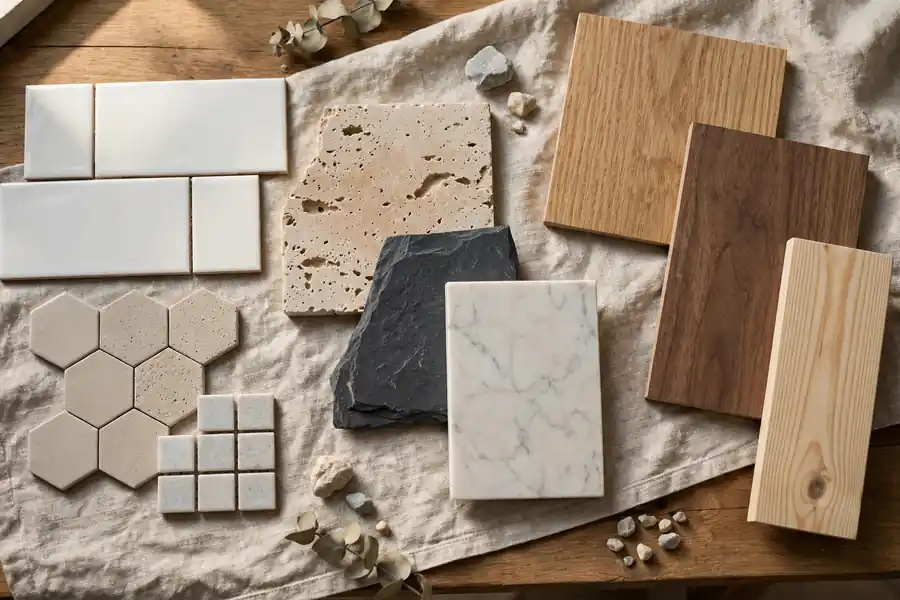 Tile, wood, and stone samples laid out for a bathroom palette