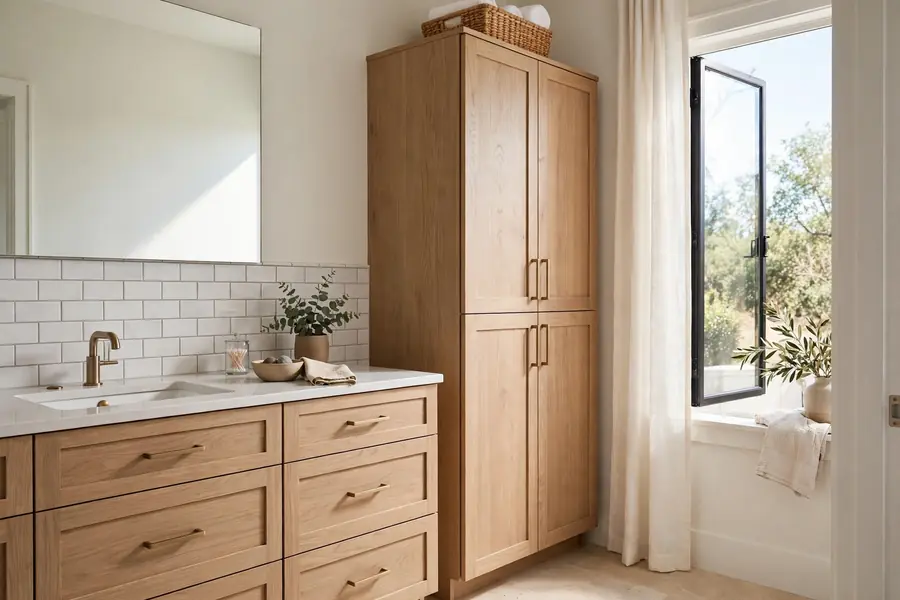 Bathroom with vanity drawers and a tall linen cabinet