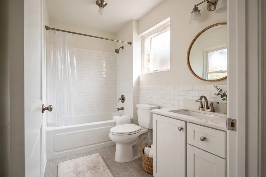 5 by 8 foot bathroom with a tub, toilet, and single vanity in a row