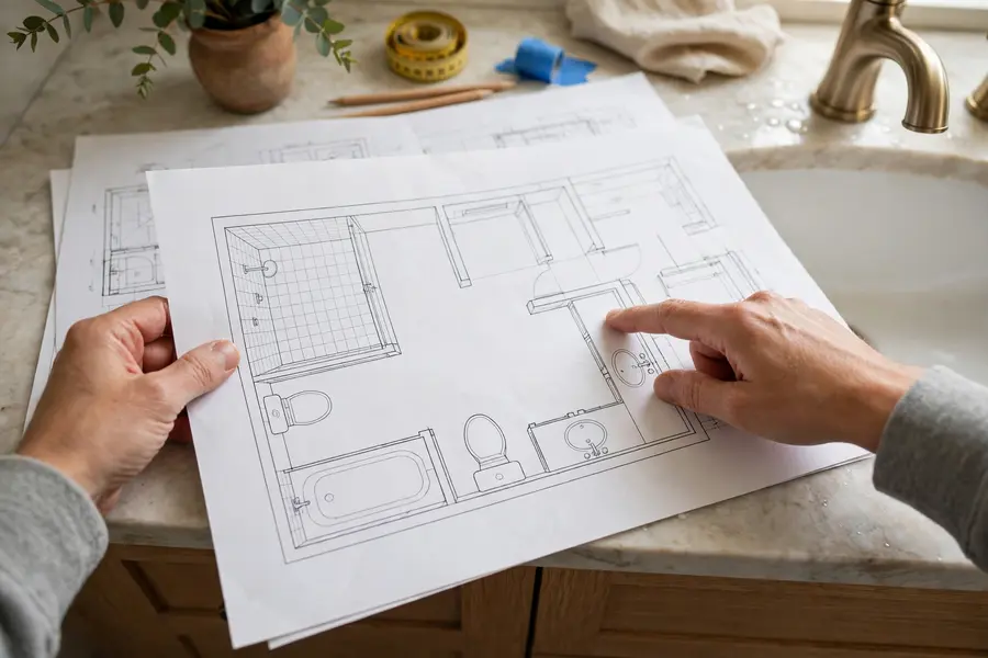 Hands reviewing bathroom remodel plans on a vanity counter