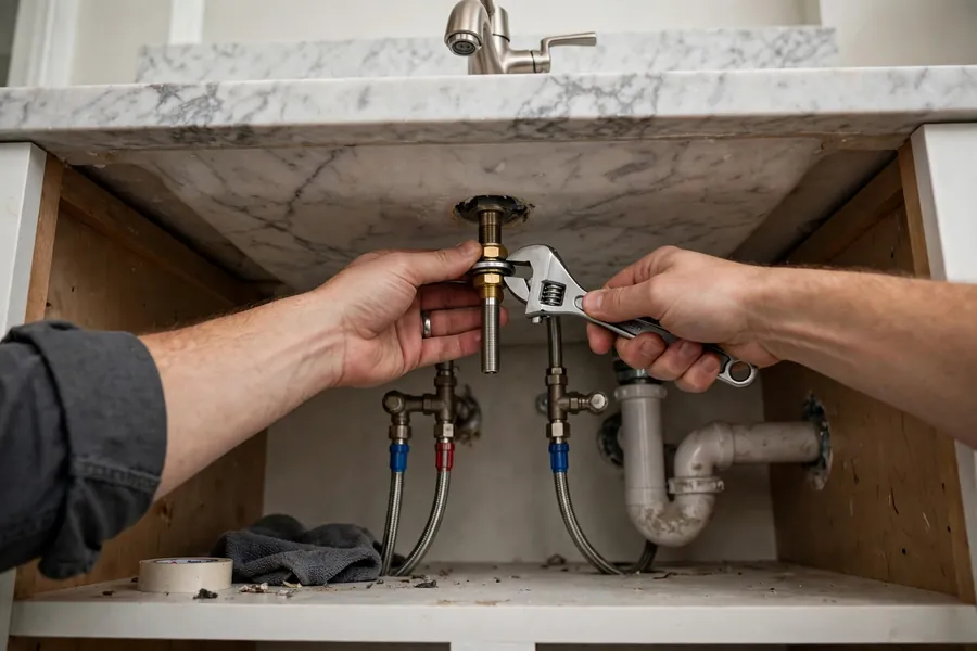 Hands fitting a new faucet with a wrench under a vanity