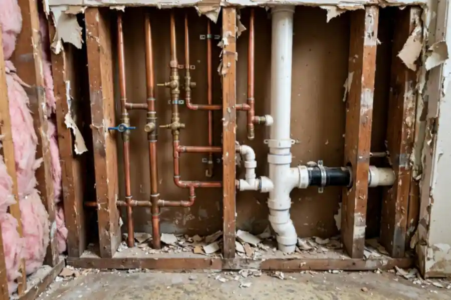 Exposed copper supply and white drain pipes in an open bathroom wall