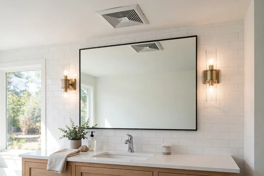 Bathroom mirror with a light on each side and a ceiling exhaust vent
