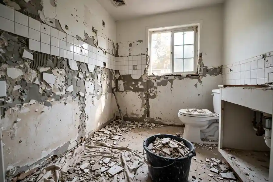 Bathroom mid-demolition with tile removed from the walls