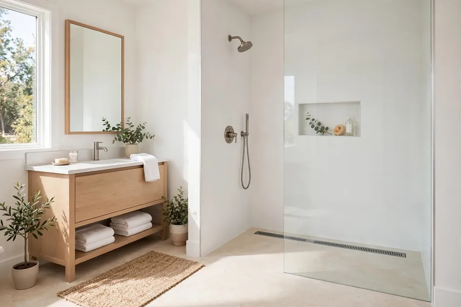 Curbless shower with a linear drain and a clear glass panel