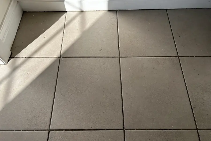 Matte bathroom floor tile with dark grout lines