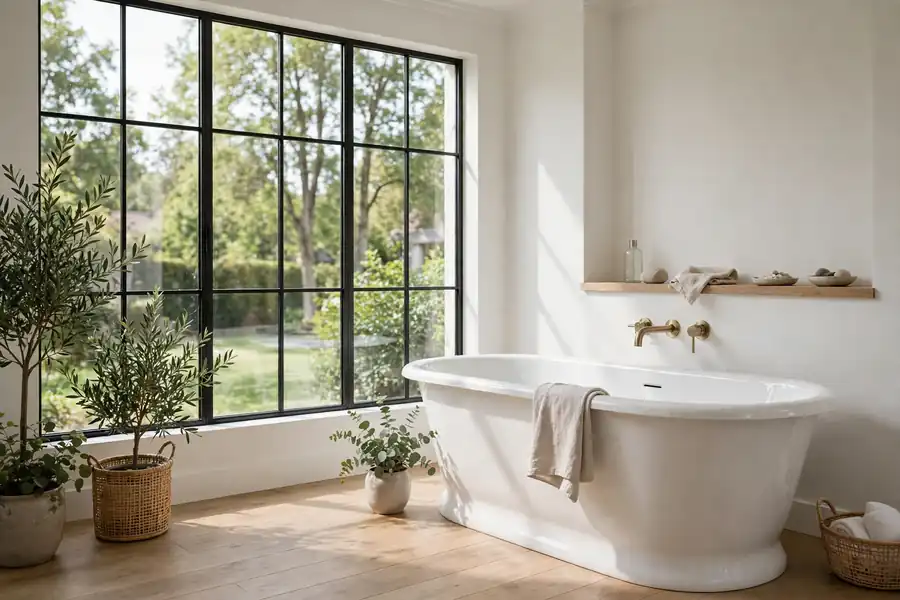 Freestanding white soaking tub beside a large window