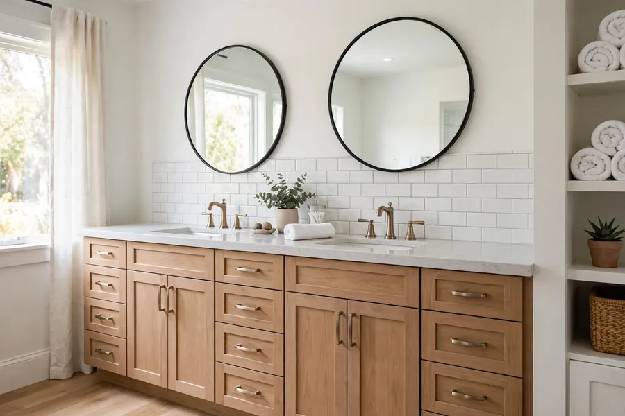 Double vanity with a light countertop and drawers in a bright bathroom