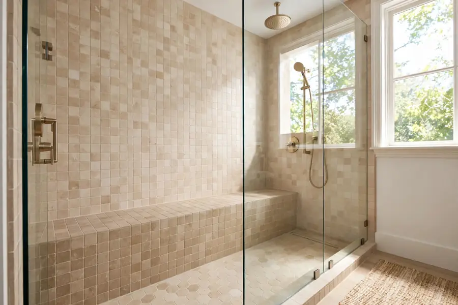 Shower with a built-in tiled bench seat