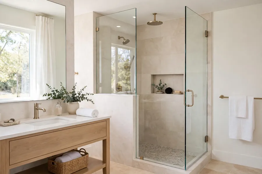 Frameless glass shower enclosure with a door in a bright bathroom