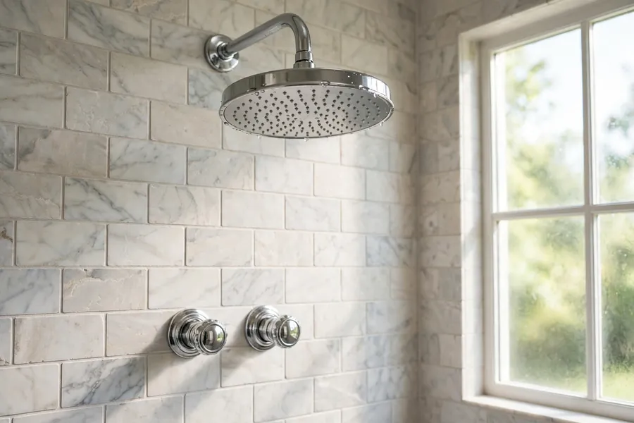 Rainfall showerhead and valve controls on a tiled shower wall