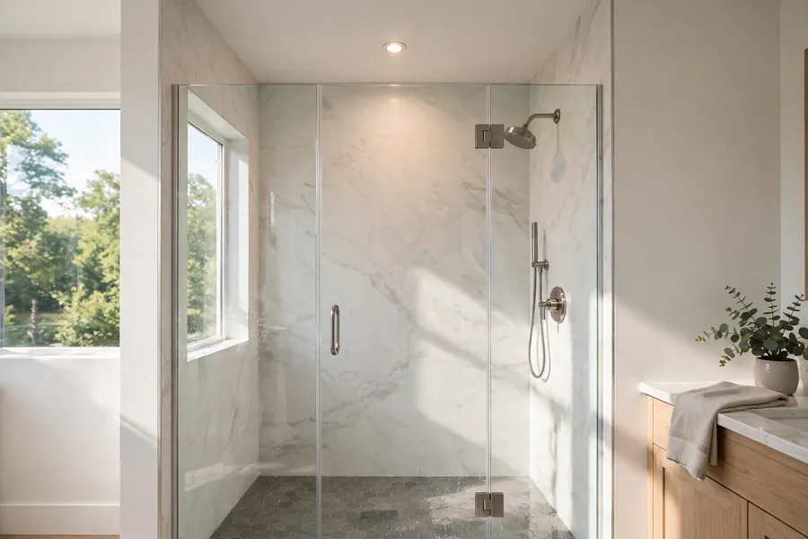Shower lit by a recessed ceiling light above the glass enclosure