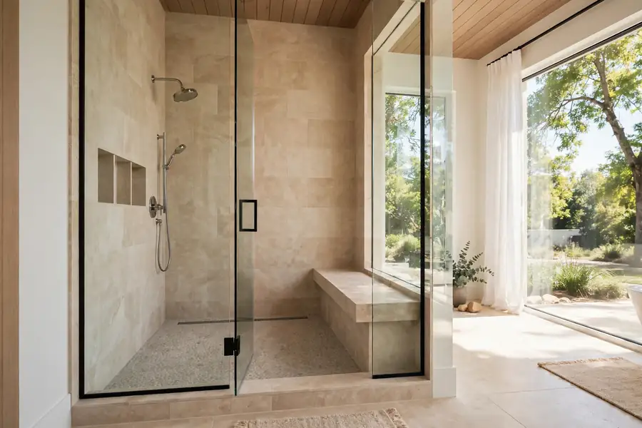 Spacious shower with a glass enclosure and a built-in bench