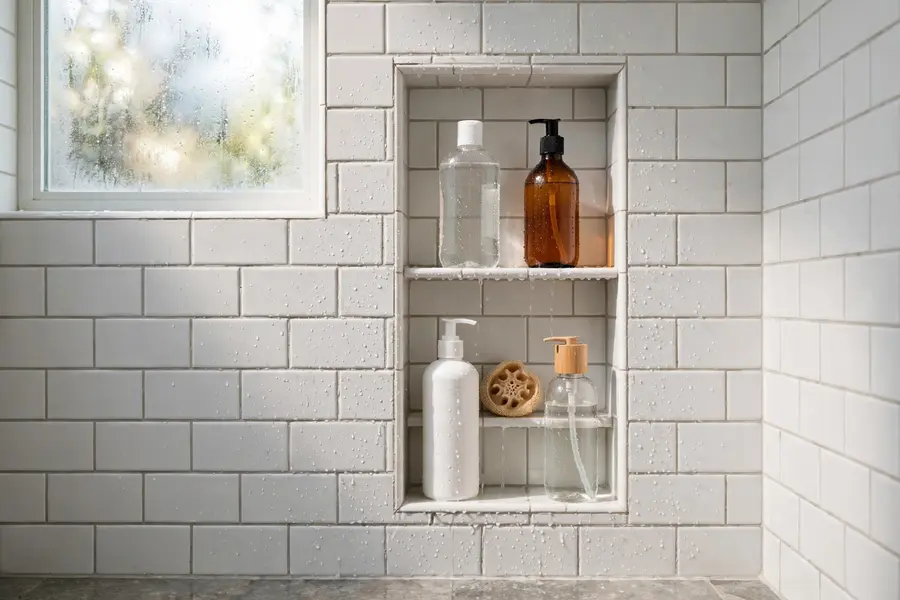 Recessed shower niche holding bottles in a tiled shower