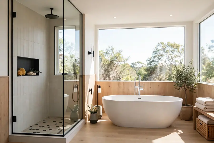 Bathroom with a glass shower and a freestanding bathtub side by side