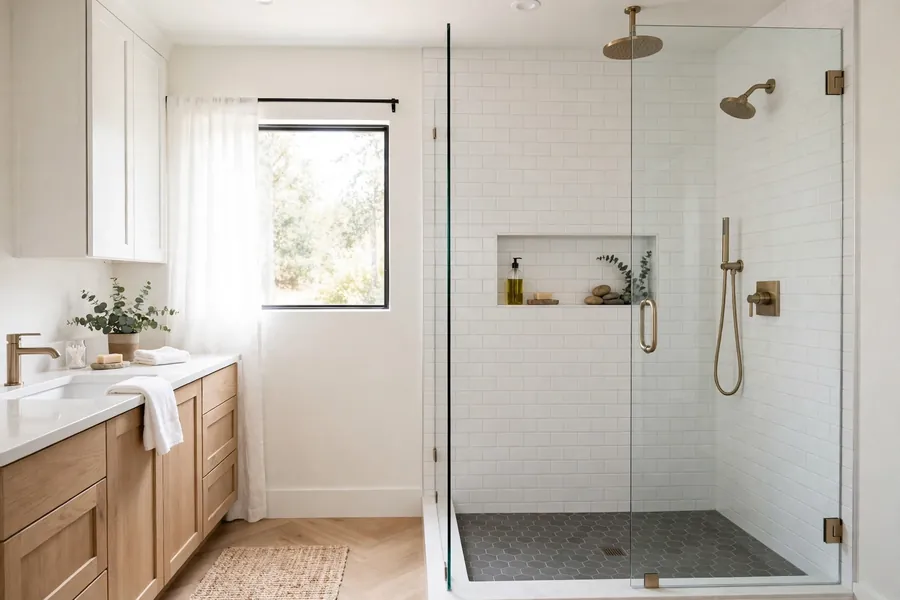 Walk-in shower with a clear glass panel in a bright bathroom