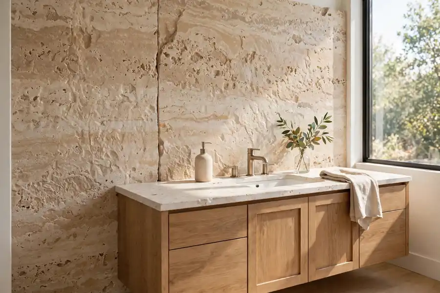 Stone slab backsplash behind a bathroom vanity
