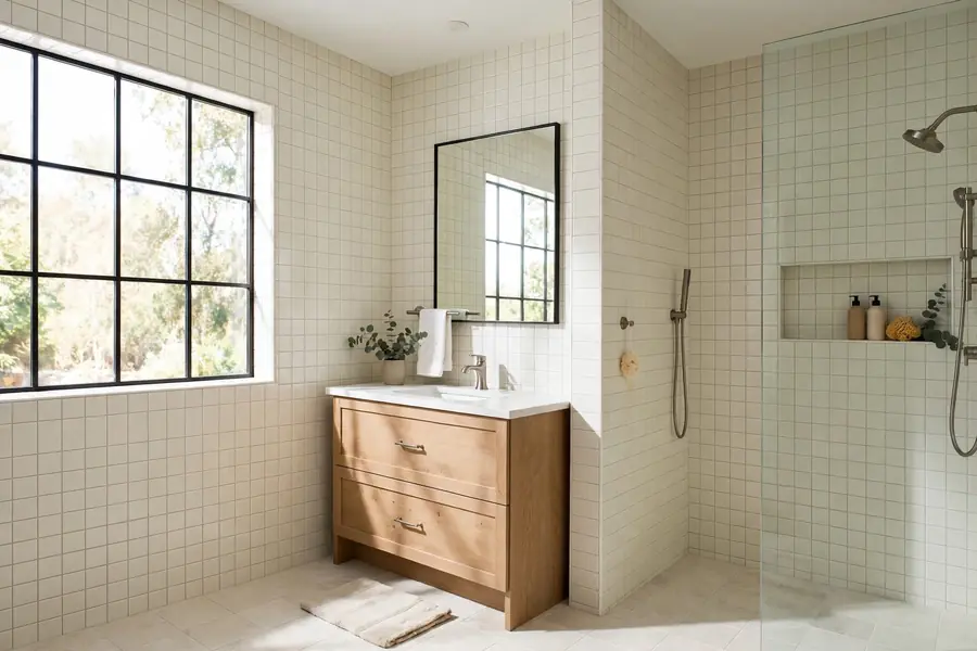 Bathroom walls tiled floor to ceiling in light tile