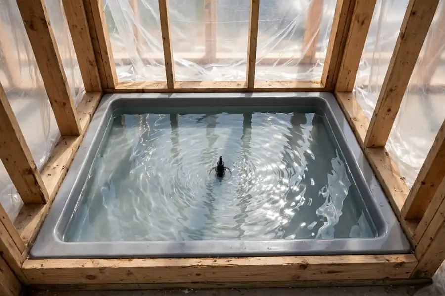 Shower pan filled with water for a flood test before tile