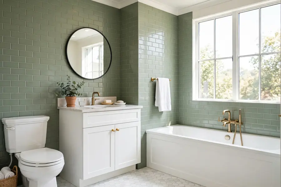 Bathroom with sage green wall tile and white fixtures