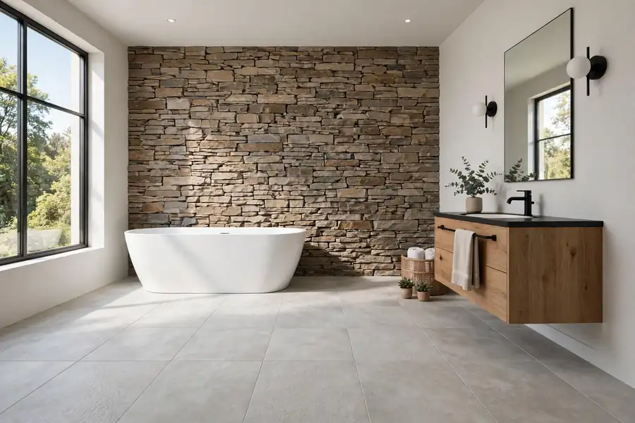 Bathroom with a porcelain floor and a stone accent wall