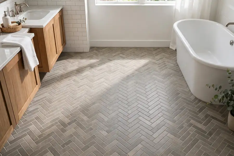 Herringbone pattern floor tile in a bathroom