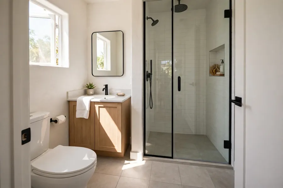 Small bathroom with large floor tile and a glass shower