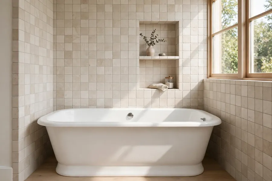 Tiled surround around a white bathtub with a recessed niche