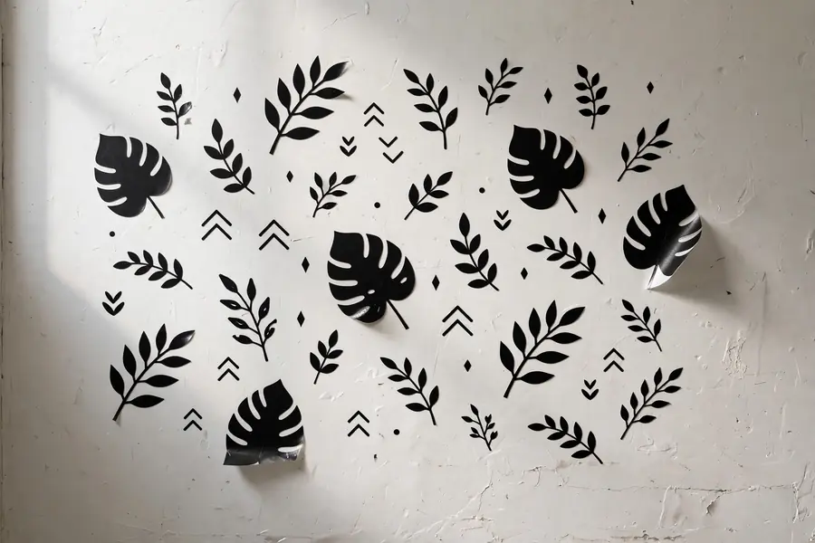 Black vinyl decal pattern flat on a white bathroom wall