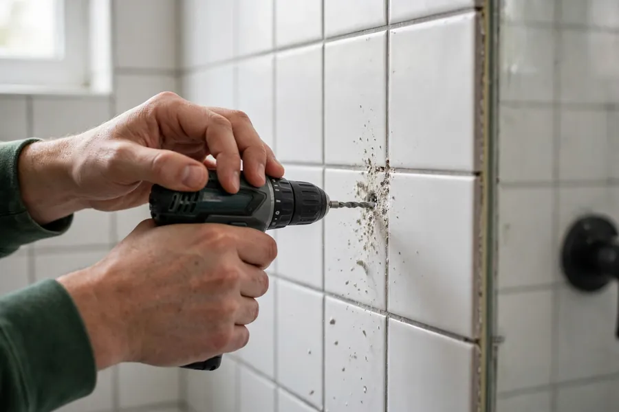 Hands drilling into bathroom wall tile with a small drill