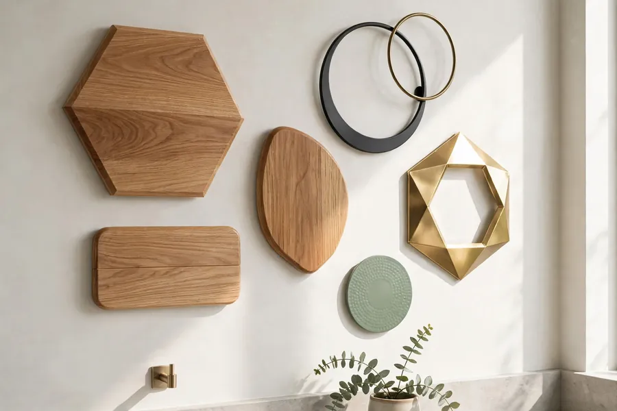 Sealed wood and coated metal wall pieces in a bathroom