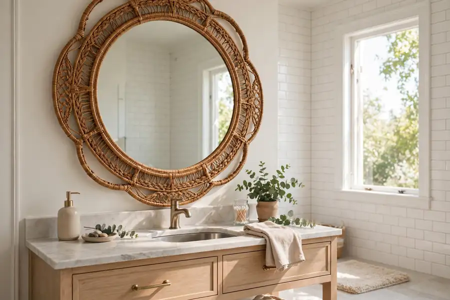 Large decorative mirror over a bathroom vanity